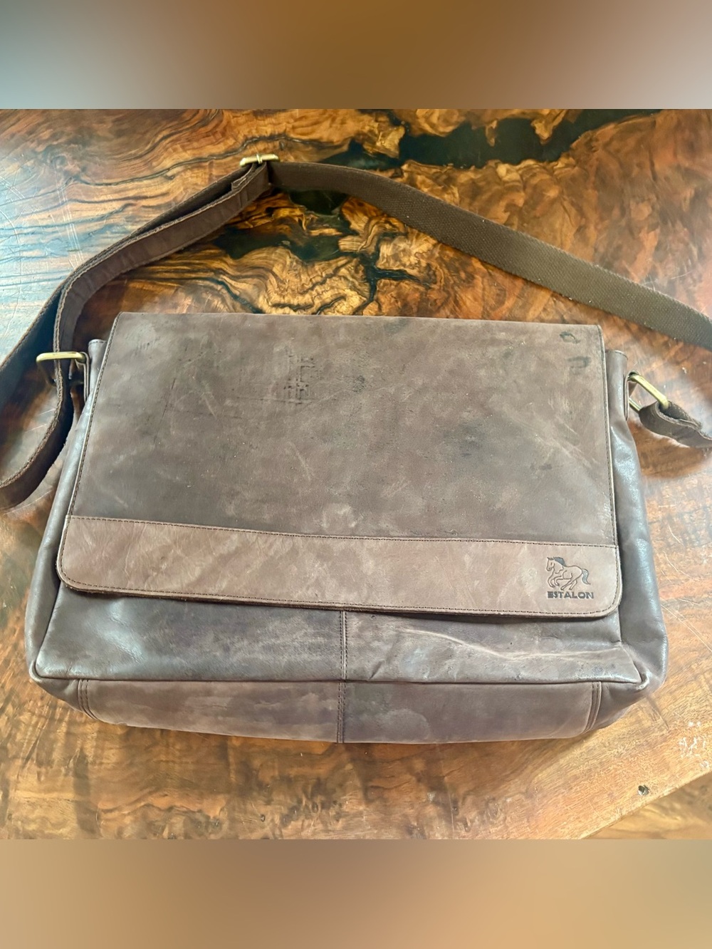 Estalon brown buffalo leather messenger laptop bag